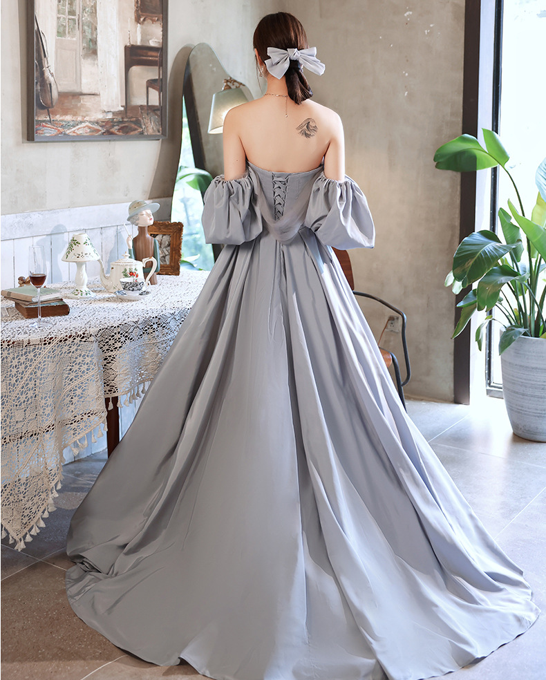 Satin A-Line Gown with Off-Shoulder Folded Neckline Sky Blue