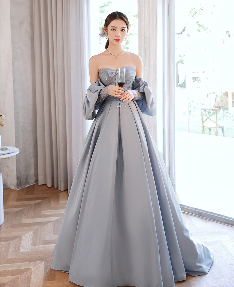 Satin A-Line Gown with Off-Shoulder Folded Neckline Sky Blue main image 1