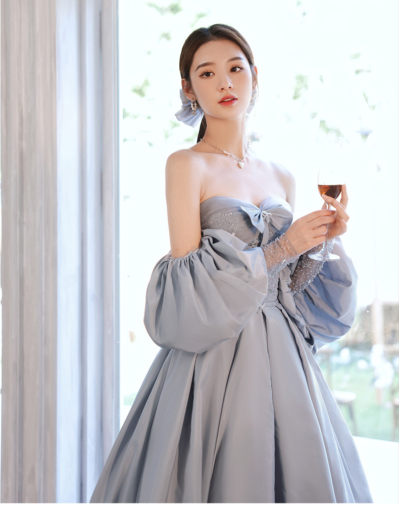 Elegant A-Line Bow Satin Dress with Pearl Slate Blue