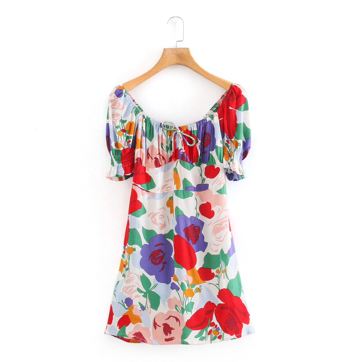 Summer Beautiful Women Retro Floral Printed Square Neck Pleated Sleeves A Line Dress