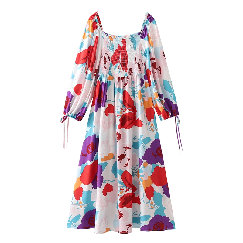 Summer Beautiful Sweet Style Women Retro Floral Printed Square Neck Long Sleeves A Line Dress