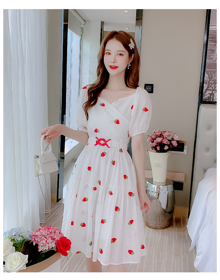 Fairy Summer Sweet Women Strawberry Printed Pattern Short Sleeves Round Neck Knee Length A Line Dress