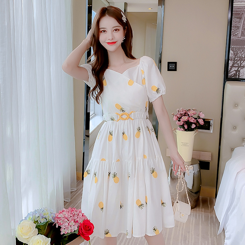 Tremendous Summer Chic Women Yellow Pineapple Printed Pattern Short Sleeves Round Neck Knee Length A Line Dress