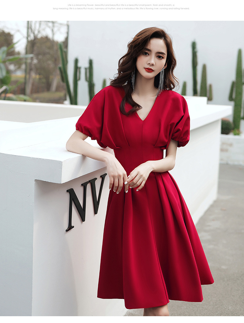 Temperament Fashion Elegant Women Wine Red Solid Color V Neck Puff Short Sleeves Bride Evening Party A Line Dress