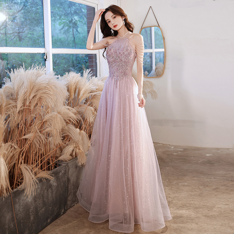 Elegant Temperament Women Pink Halter Neck Embroidered Sequins Celebrity Banquet Noble Meeting Long Dress