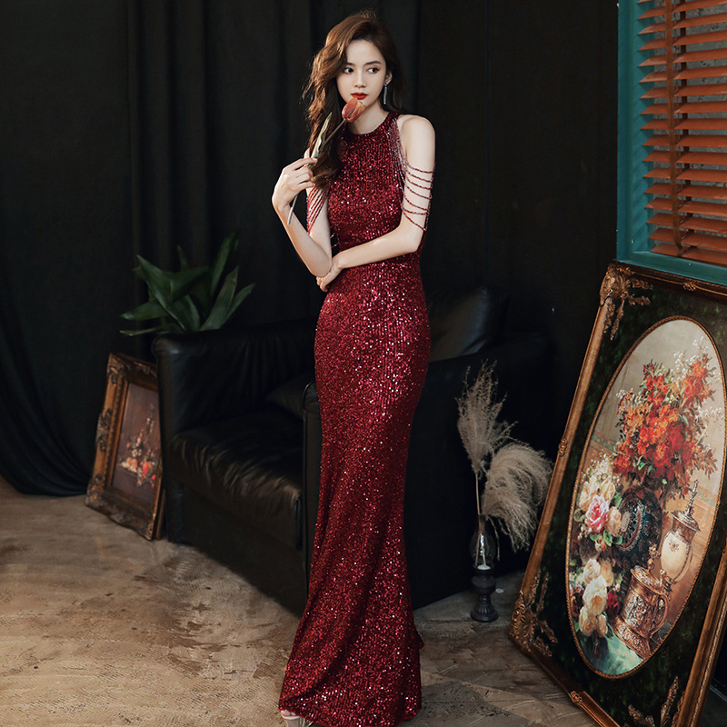 Beautiful Temperament Sexy Halter Neck Embroidered Sequins Shoulder Tassel Fishtail Long Wine Red Bride Dress