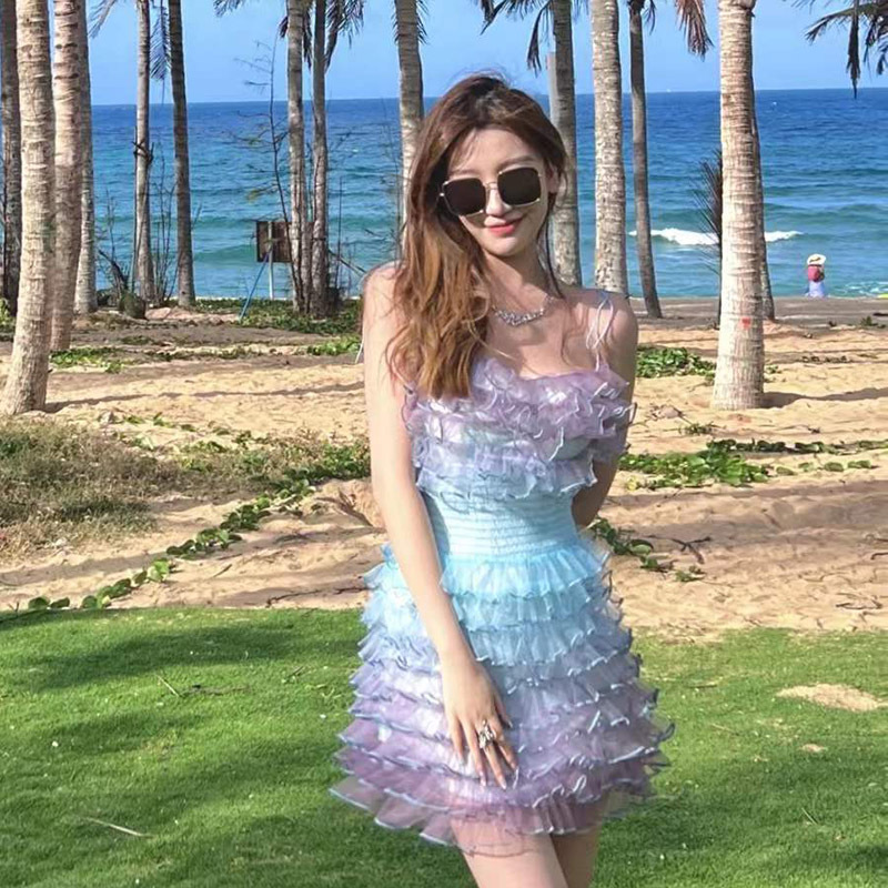 Summer Beach Women Tie Dye Gradient Strap Tube Top Sweet Ruffled Style High Waist Cake Short Dress