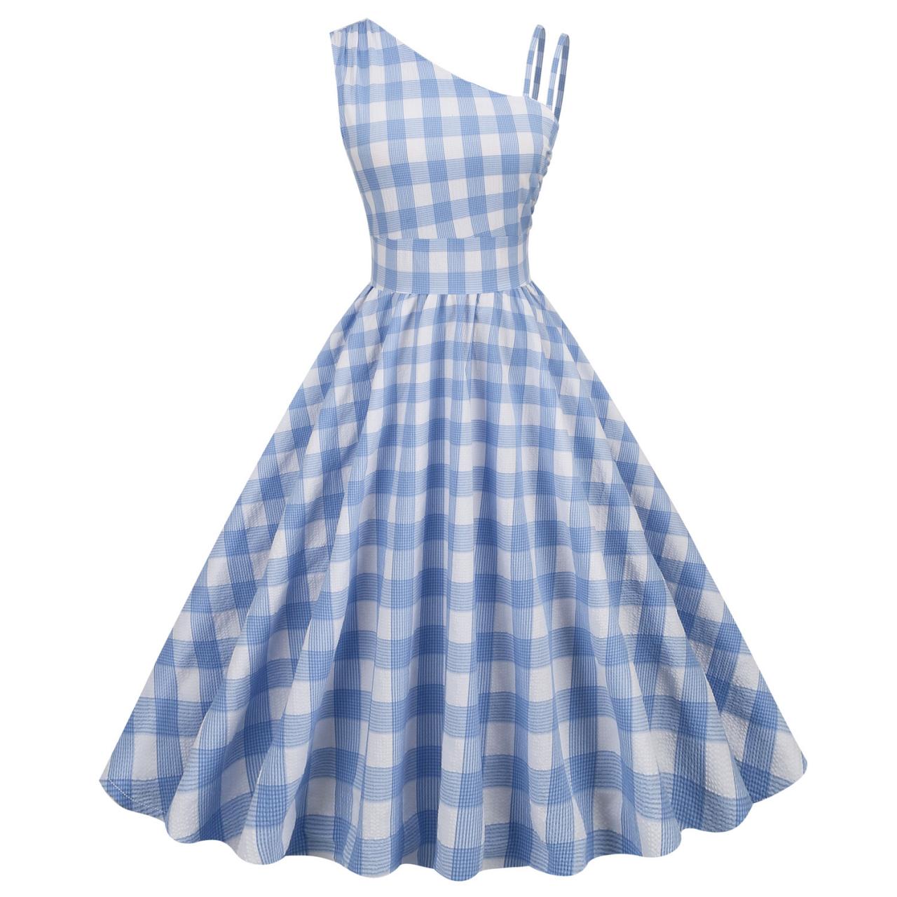 Sunny Day Women Retro Vintage One Slanted Shoulder Asymmetrical Pleated High Waist Sleeveless Large Swing Mid-length Dress