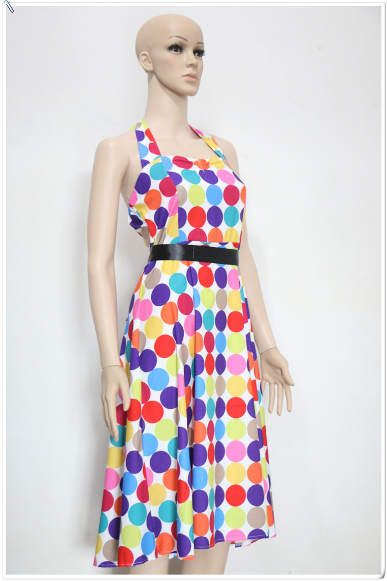 50s Holiday Women Retro Traditional Style Color Colorful Polka Dot Halter Neck High Waist Large Swing Dress With Belt
