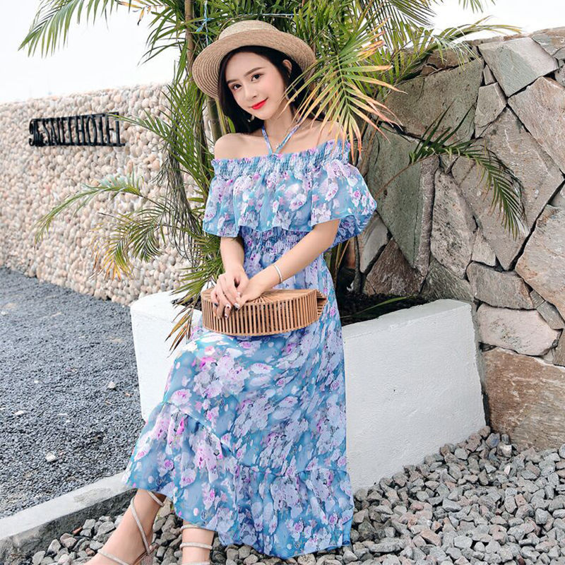 Amazing Fairy Sexy Women Beach Plus Size Off Shoulder Floral Bellflower Printed Sling Dress