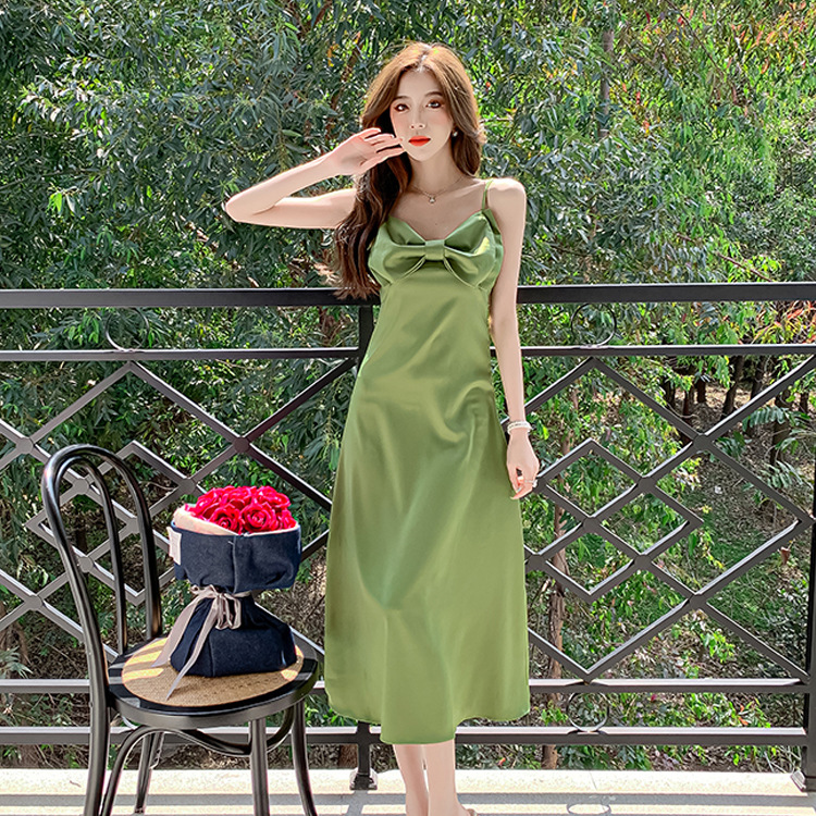 Retro Summer Temperament Women Solid Color Sleeveless Slip Satin Spaghetti Strap Long Party Dress