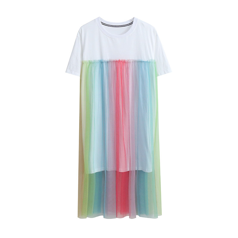Summer Beautiful Sweet Women Long Loose Fit Rainbow Color Mesh Stitching Short Sleeved Round Neck T-shirt Dress