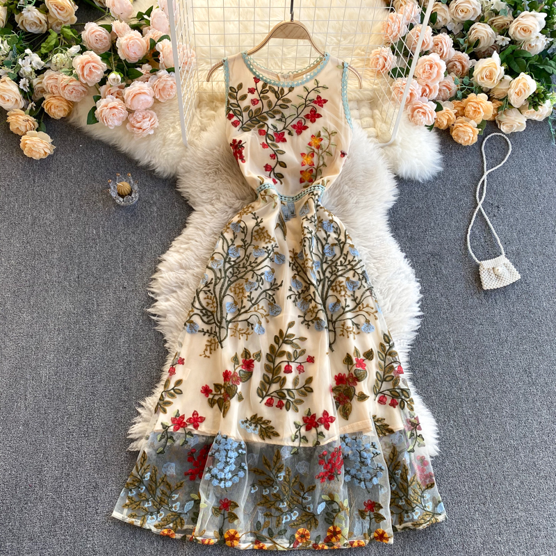 Sparkly Retro Style Temperament Women Round Neck Sleeveless Mesh Floral Embroidered Dinner A Line Dress
