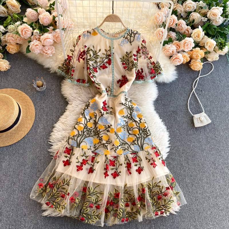 Cozy Retro Style Chic Women Beautiful Round Neck Short Sleeves Mesh Floral Embroidered A Line Dress