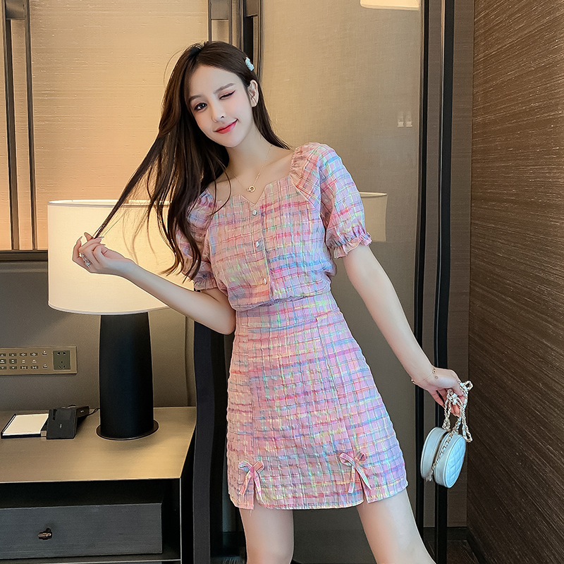 Summer Amazing Pretty Women Fashion Short Sleeves Waist Pink Plaid Top Two Pieces Suit Bow Skirt