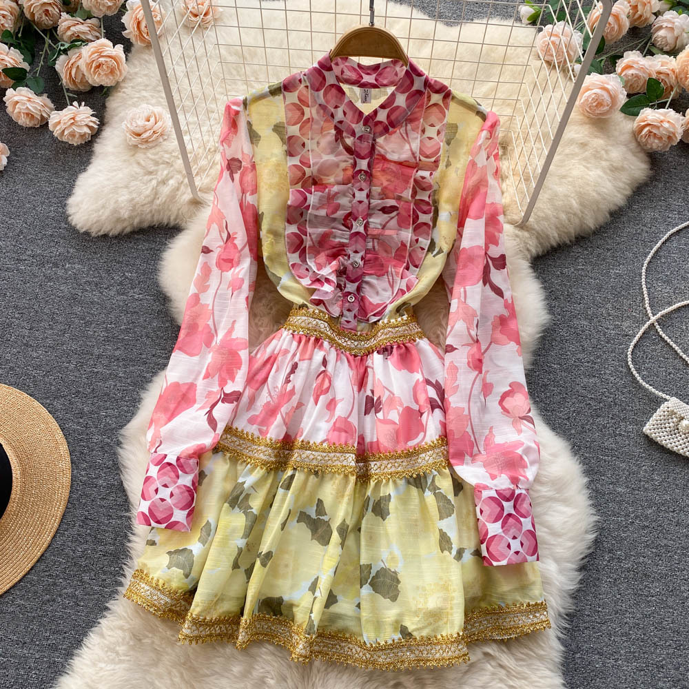 Spring Beautiful Temperament Women Palace Style Long Sleeved Floral Printed Ruffle Waist A-line Skirt Dress