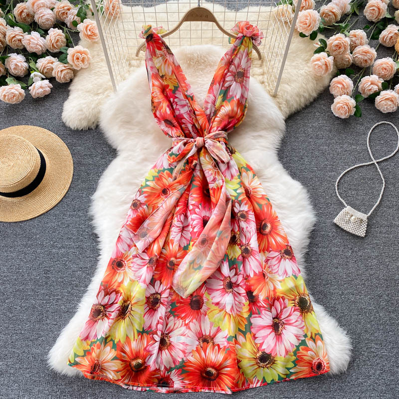 Look Good Pretty Sexy Women Ruffles Colorful Floral Printed V-neck Waist Front Bow Sleeveless Backless Dress