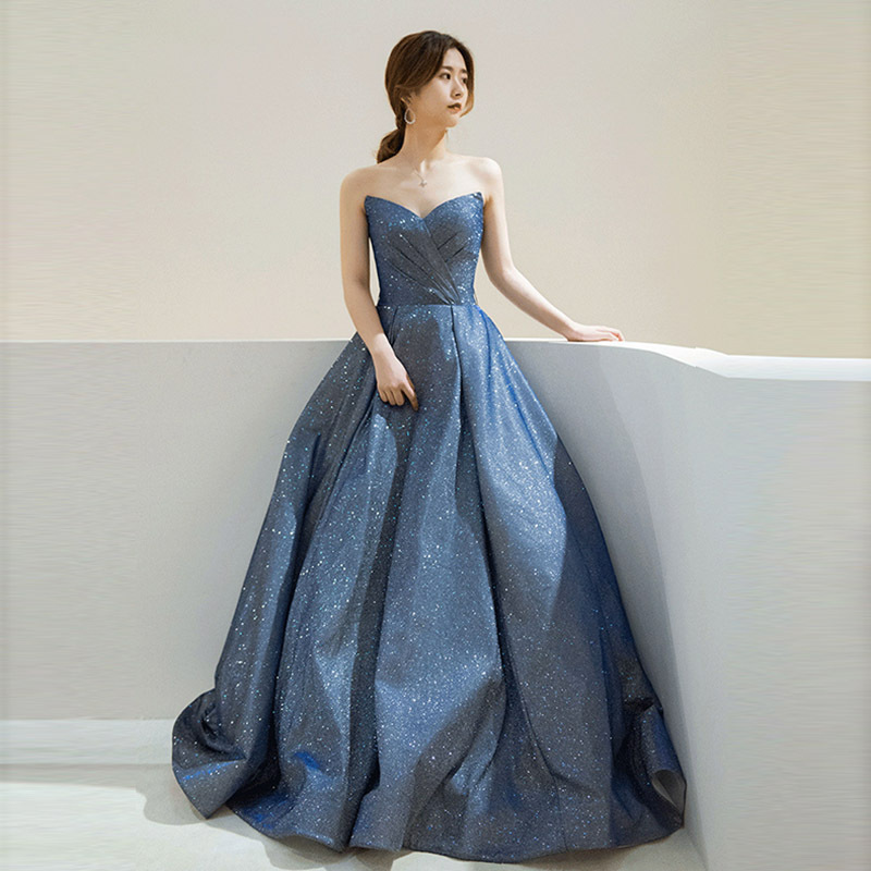 Elegant Women Royal Blue Blink Solid Color Strapless Evening Princess Sweetheart High Waist A Line Prom Dress