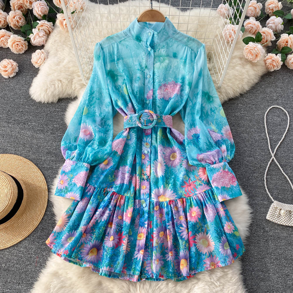 Artsy Style Stylish Women Stand Collar Long Lantern Sleeve Floral Printed Mid Length Pleated Dress