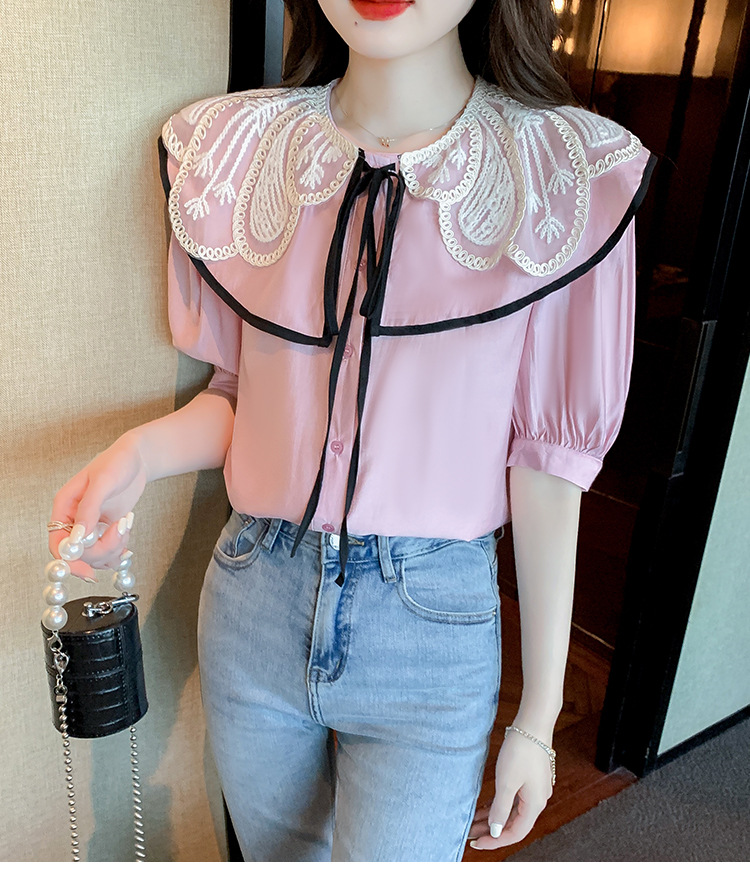 Summer Casual Women Lace Collar Bow Tie Sweet Blouse Pink Short Sleeved Top Shirt