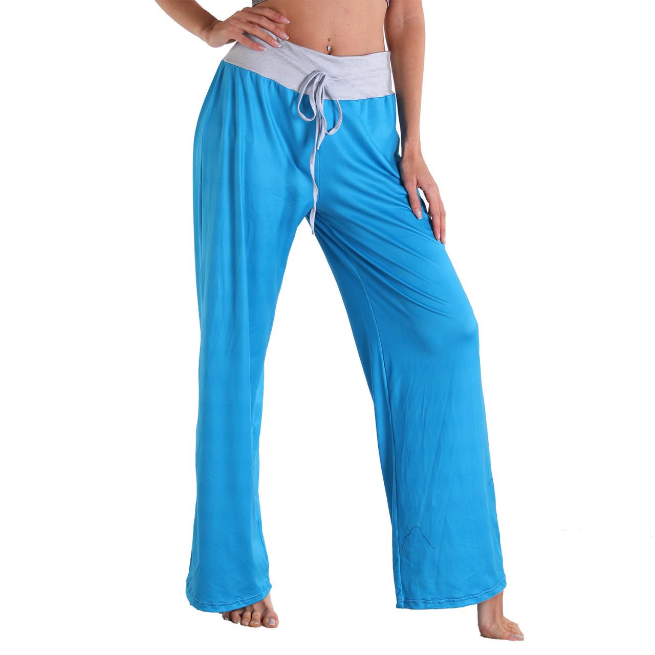 Leisure Sports Yoga Women Casual Elastic Pocket Trousers Loose Fit Strap Sky Blue Solid Color Pants