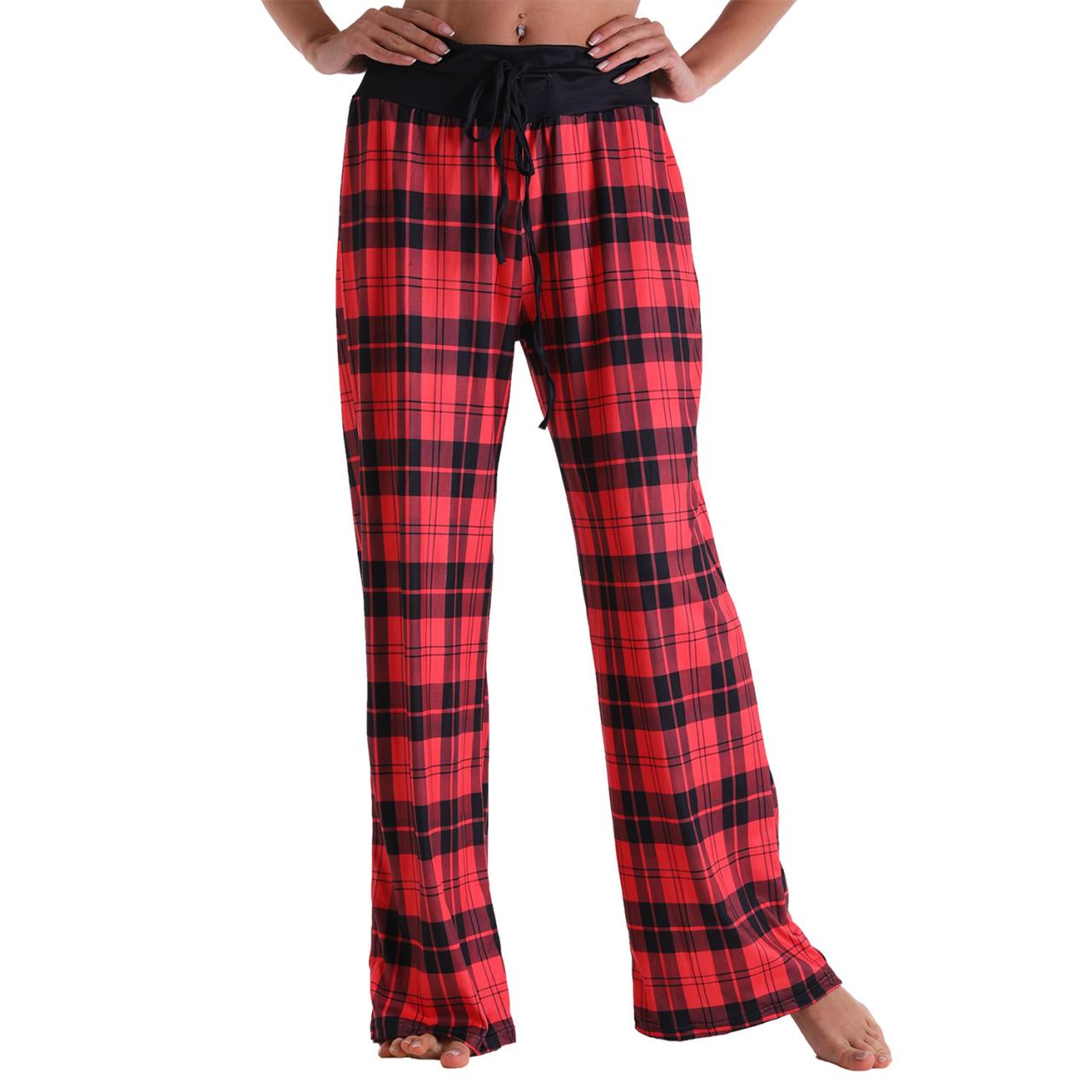 Leisure Sports Yoga Women Casual Pajamas Elastic Pocket Trousers Loose Fit Strap Red Color Plaid Pants