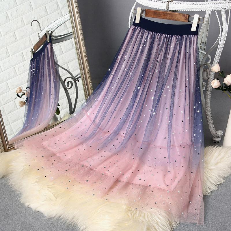 Fairy Women Gradient Pink Colors Pleated Long Skirt Starry Sky Sequin Mesh Lace Tulle A Line Dress Dresses