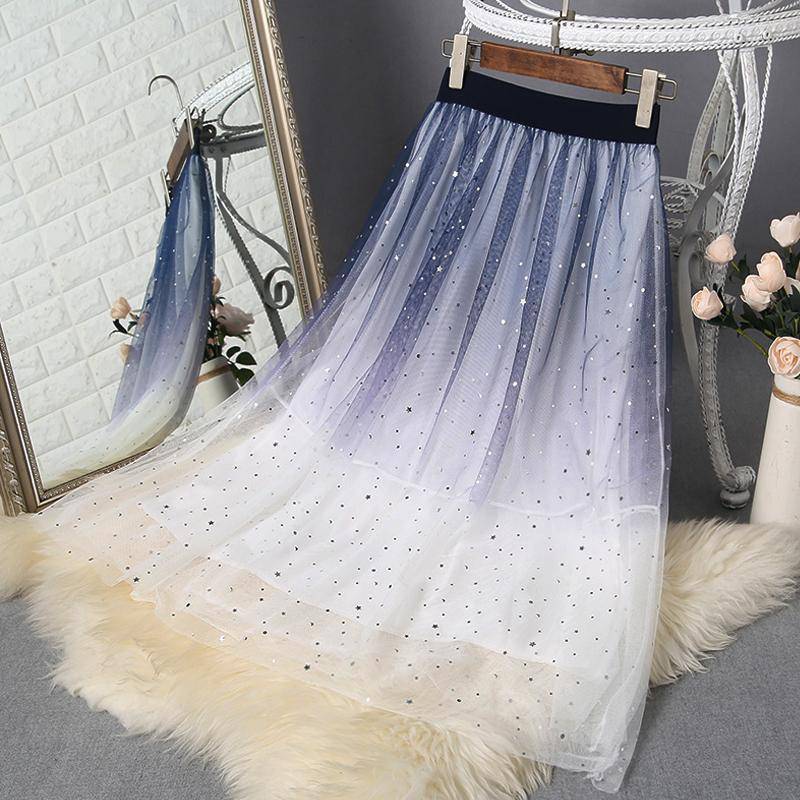 Fairy Women Gradient Blue White Colors Pleated Long Skirt Starry Sky Sequin Mesh Lace Tulle A Line Dress Dresses