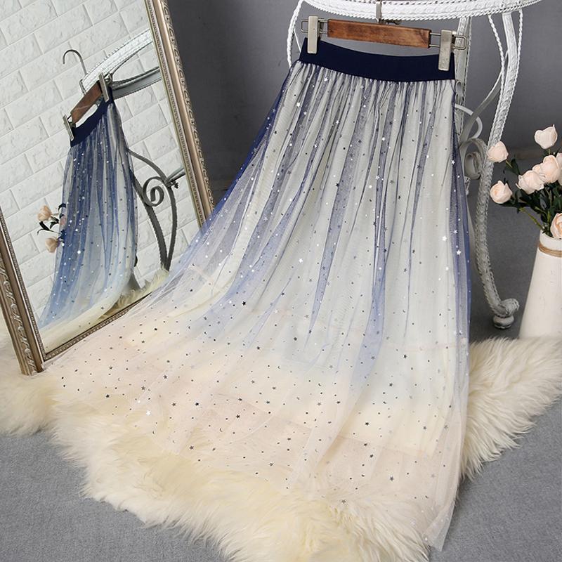 Fairy Women Gradient Blue Apricot Colors Pleated Long Skirt Starry Sky Sequin Mesh Lace Tulle A Line Dress Dresses