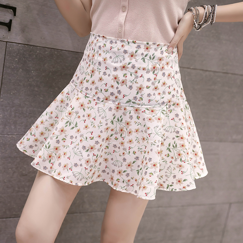 Spring Summer Vintage Women Fashion Floral Printed High Waist Short Pleated A Line Girly Above Knee Skirt Skirts