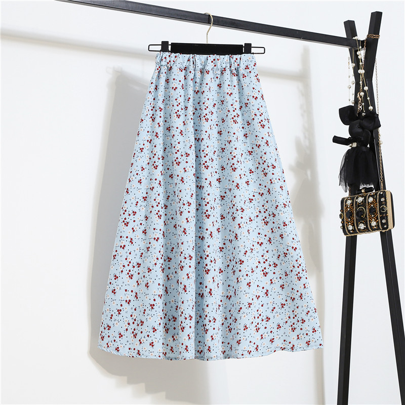 Spring Summer Vintage Women Fashion Floral Printed High Waist Long Pleated Maxi Girly Blue Skirt Skirts Dress