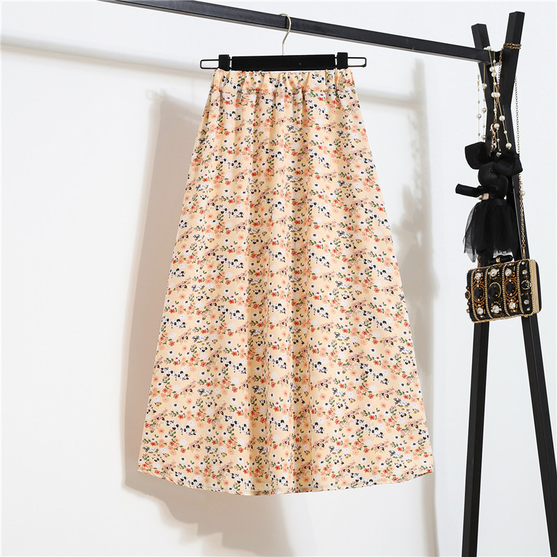 Spring Summer Vintage Women Fashion Floral Printed High Waist Long Pleated Maxi Girly Orange Skirt Skirts Dress