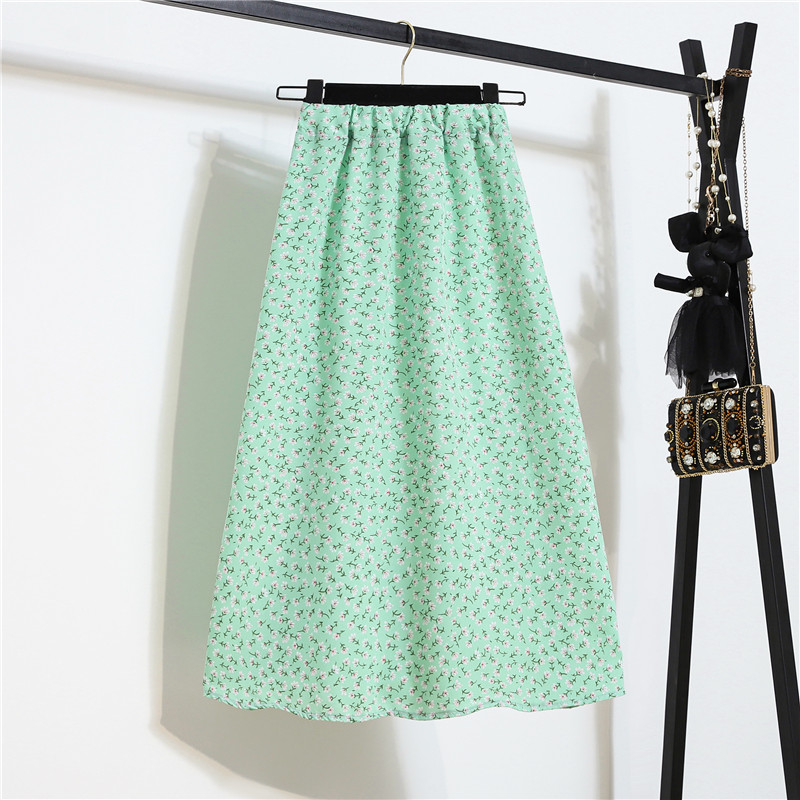 Attractive Summer Vintage Women Fashion Floral Printed Green Color High Waist Long Pleated Maxi Girly Skirt Skirts Dress