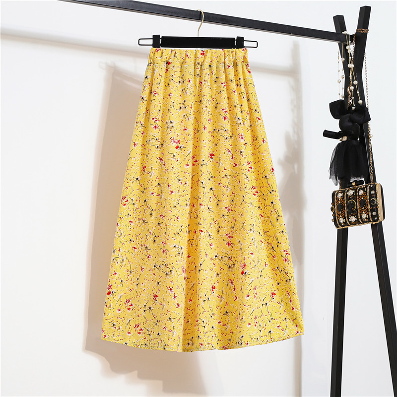 Great Look Summer Vintage Women Fashion Floral Printed Yellow Color High Waist Long Pleated Maxi Girly Skirt Skirts Dress