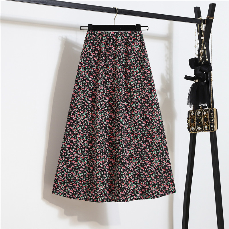 Sparkly Summer Vintage Women Fashion Pink Daisy Floral Printed Black High Waist Long Pleated Maxi Girly Skirt Skirts Dress