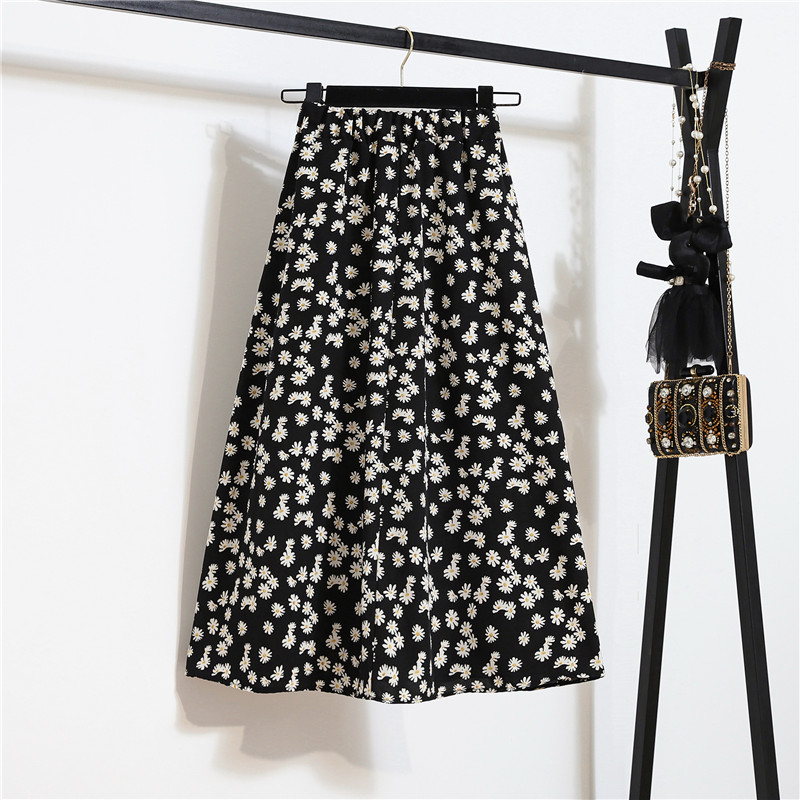 Lovely Summer Vintage Women Fashion Bellis Daisy Floral Printed Black High Waist Long Pleated Maxi Girly Skirt Skirts Dress