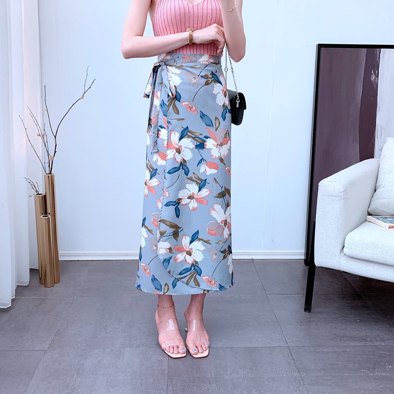 Summer Beauty Women Casual Fashion Floral Printed Black High Waist Long Side Split Skirt Chiffon Skirts Dress