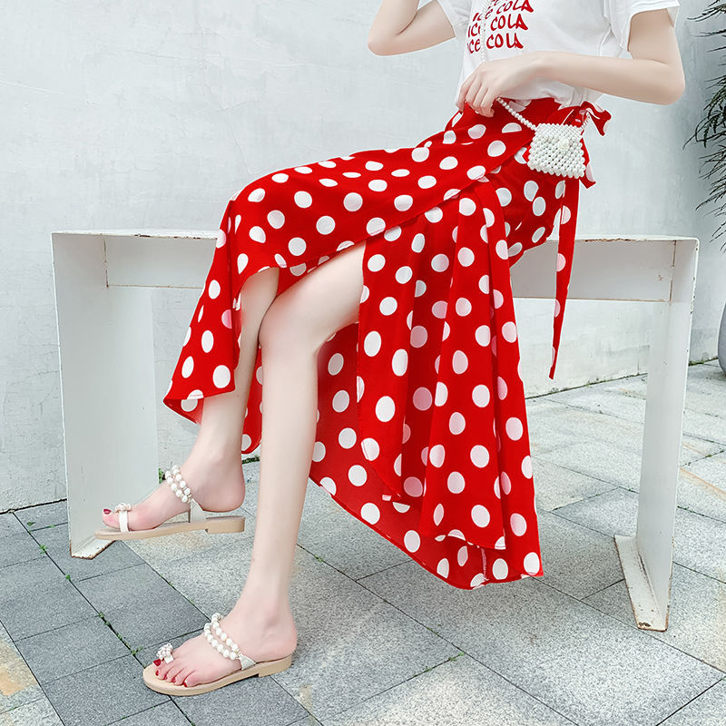 Good Look Summer Women Vintage Bohemian Red Chiffon White Polka Dot Big Hem Side Split One Piece Wrap Skirt