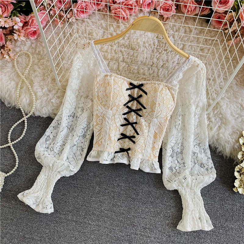 Palace Style Temperament Women Lotus Leaf Waist Lace Square Collar Sweet Bowknot Puff Sleeve Crop Bustier Top Blouse
