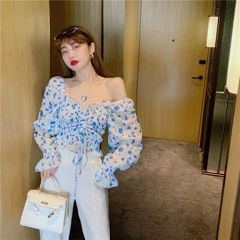 Summer Chic Pretty Women Floral Printed Off Shoulder Short Ruffle Sleeve Pleated Waist Drawstring Top Blouse