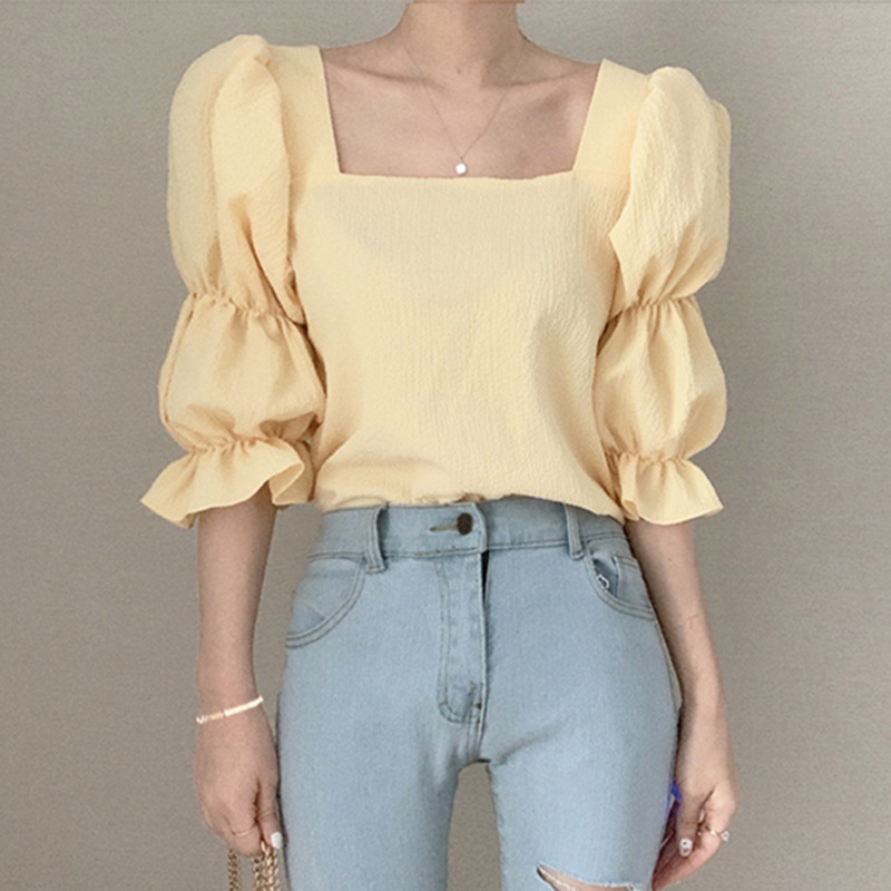 Vintage Sexy Women Pleated Top Smocked Square Neck Collar Puff Sleeve Tops Blouse