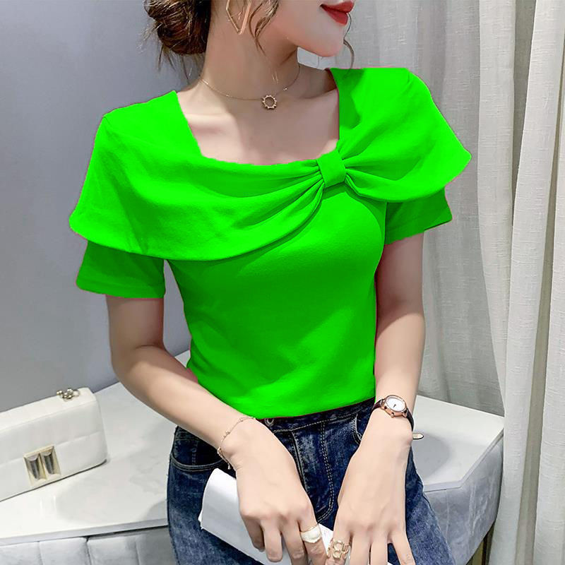 Temperament Summer Women Ladies Trendy Fashion Colorful Solid Color Square Neck Short Sleeved Big Bow Short Sleeves Top Shirt