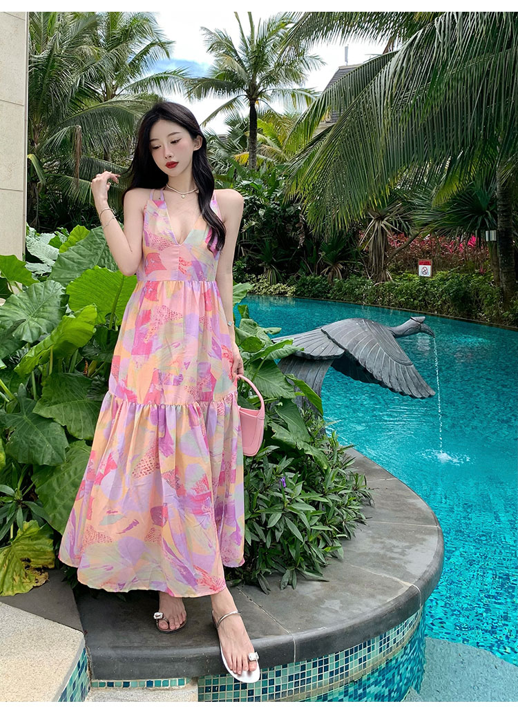 Summer Vacation Beach Seaside Sexy Women V-neck Backless Floral Printed Side Split Maxi Dress