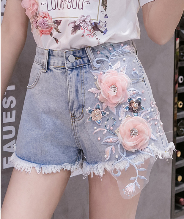 Sweet Women Embroidered 3d Flower Floral High Waist Destructed Shorts Denim Pants