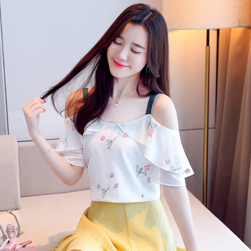 Summer Fairy Ladies Attractive Ruffled Chiffon Blouse Shirt Off Shoulder Floral Printed Short Sleeved Top