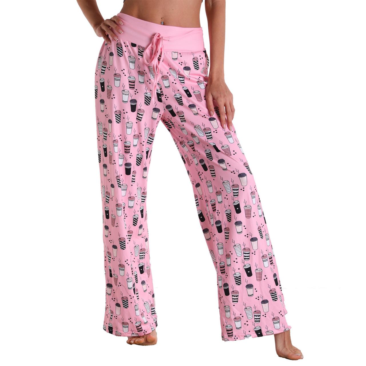 Leisure Sports Yoga Women Casual Pajamas Elastic Pocket Trousers Loose Fit Strap Pink Drinks Logo Printed Pants