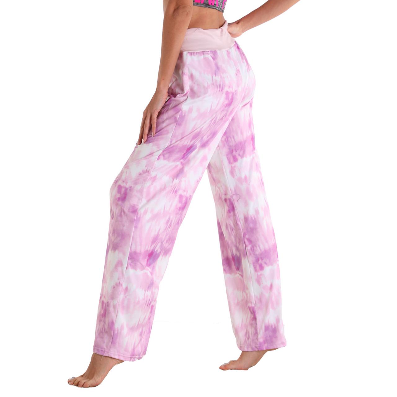 Leisure Sports Yoga Women Casual Pajamas Elastic Pocket Trousers Loose Fit Strap Pink Painting Dye Printed Pants
