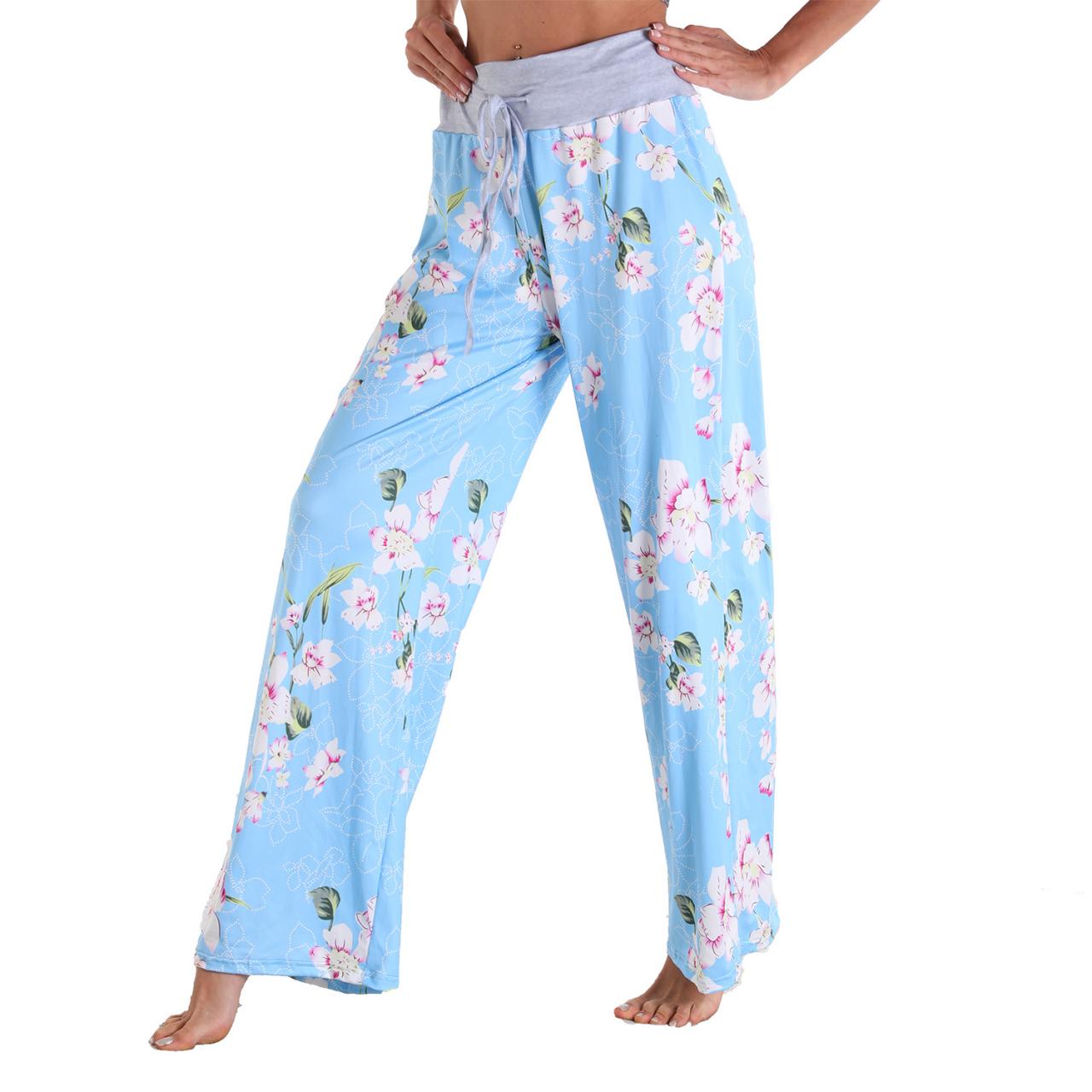 Leisure Sports Workout Gym Fitness Women Casual Pajamas Elastic Pocket Trousers Loose Fit Strap Blue Floral Printed Pants