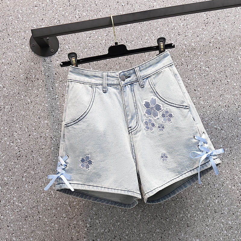 Summer Pretty Women Embroidered Floral High Waist Side Bow Jeans Shorts Blue Denim Pants