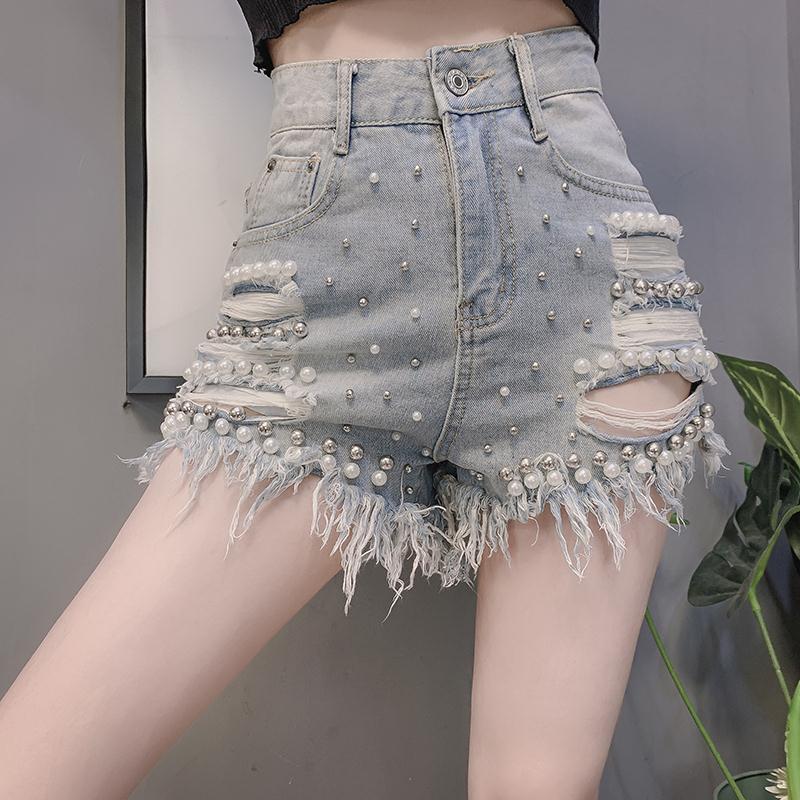 Summer Sexy Women Beaded Pattern High Waist Hem Ripped Tassel Jeans Shorts Denim Clubbing Pants
